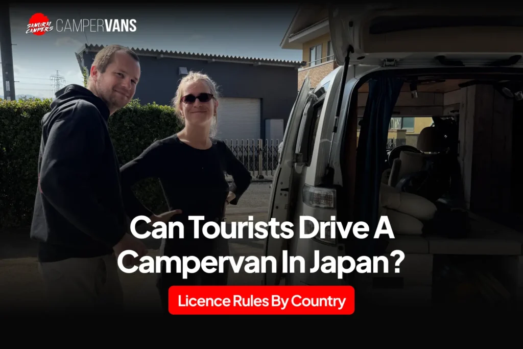 Tourists beside a Samurai Campers campervan in Japan for a guide on driving licence rules by country.