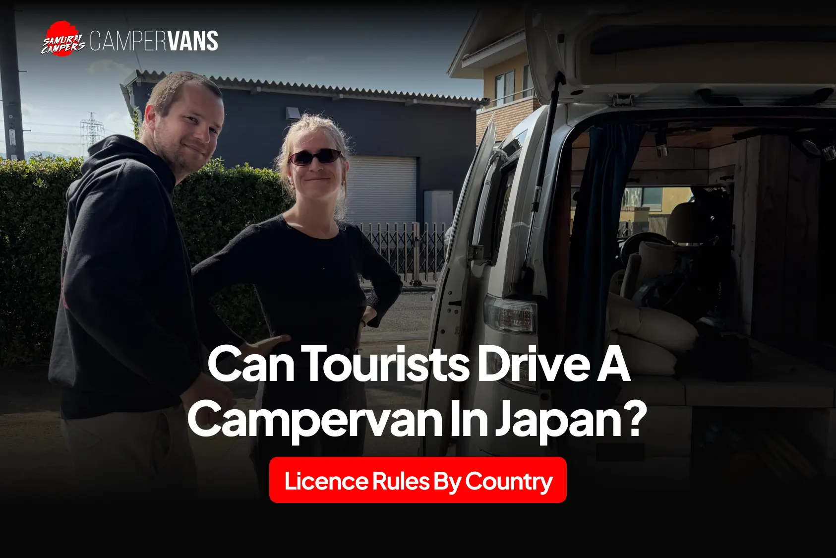 Tourists beside a Samurai Campers campervan in Japan for a guide on driving licence rules by country.