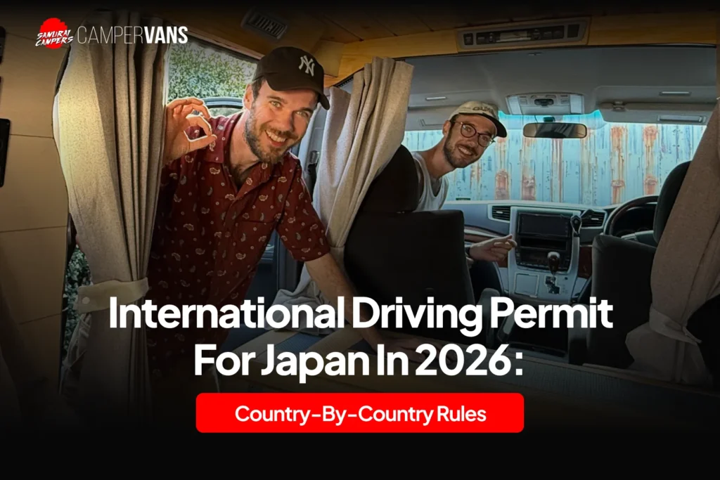 Travelers inside a Samurai Campers campervan in Japan with guide to International Driving Permit requirements for Japan in 2026